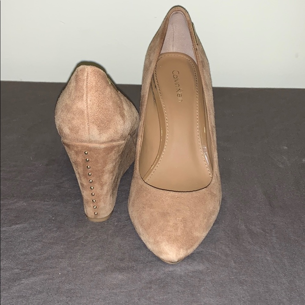 Calvin Klein Camel Suede Wedges with Gold Detail
